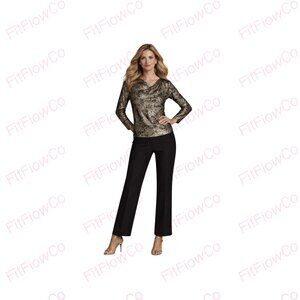 Donna Karan New York Metallic V-Neck Long Sleeve Top | Gold & Black | XS | NWT